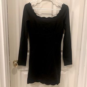 Basic black long sleeve mini dress , peek a boo front scalloped neckline size S